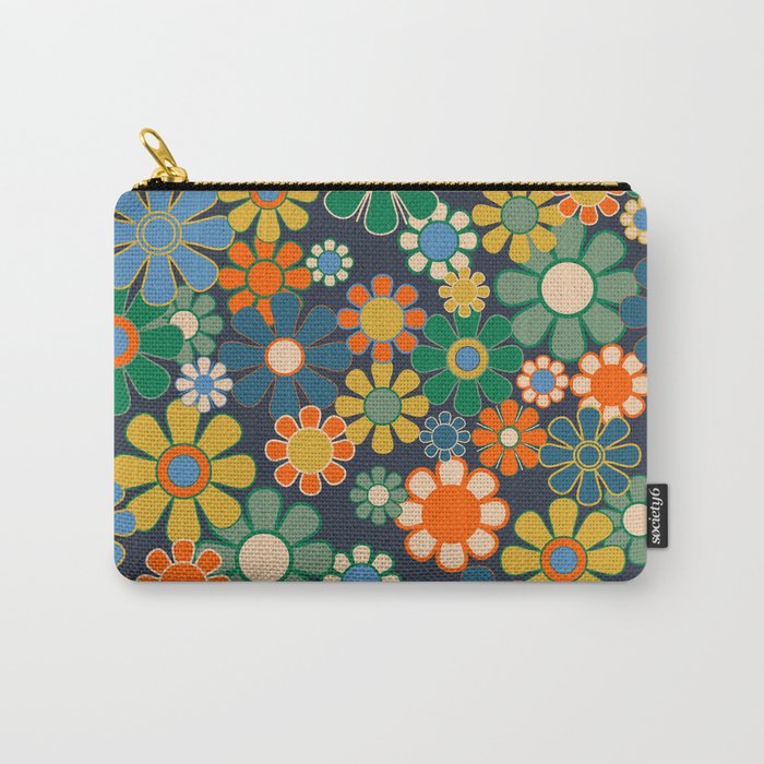 Retro Floral 60s 70s Garden Flowers Pattern Blue Green Orange Mustard Carry All Pouch Gallery Image 1