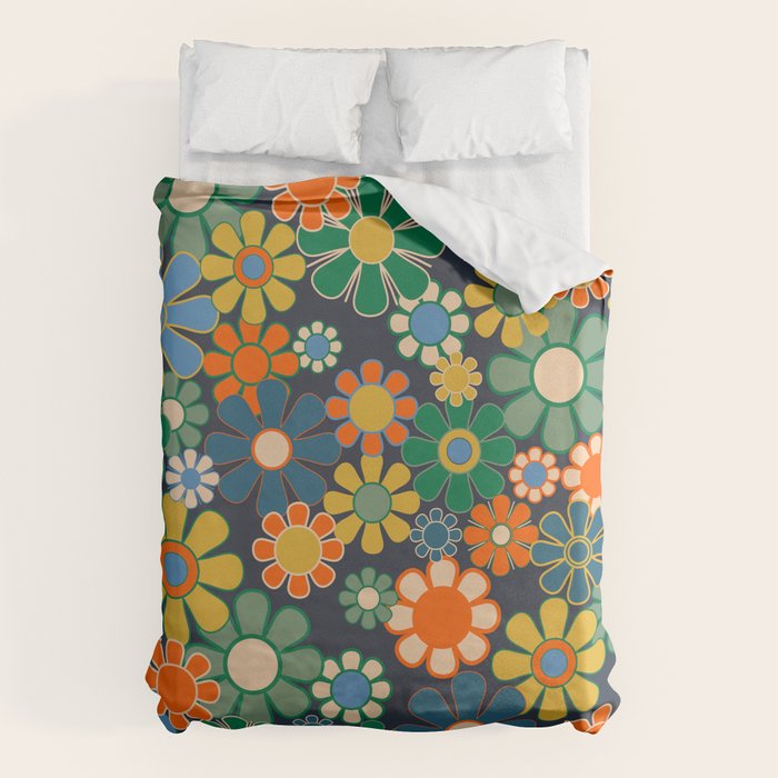 Retro Floral 60s 70s Garden Flowers Pattern Blue Green Orange Mustard Duvet Cover Gallery Image 6