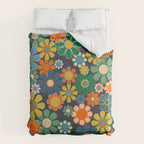 Retro Floral 60s 70s Garden Flowers Pattern Blue Green Orange Mustard Duvet Cover Gallery Image 6