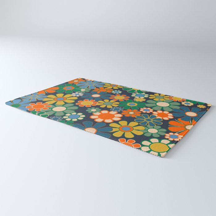 Retro Floral 60s 70s Garden Flowers Pattern Blue Green Orange Mustard Rug Gallery Image 3