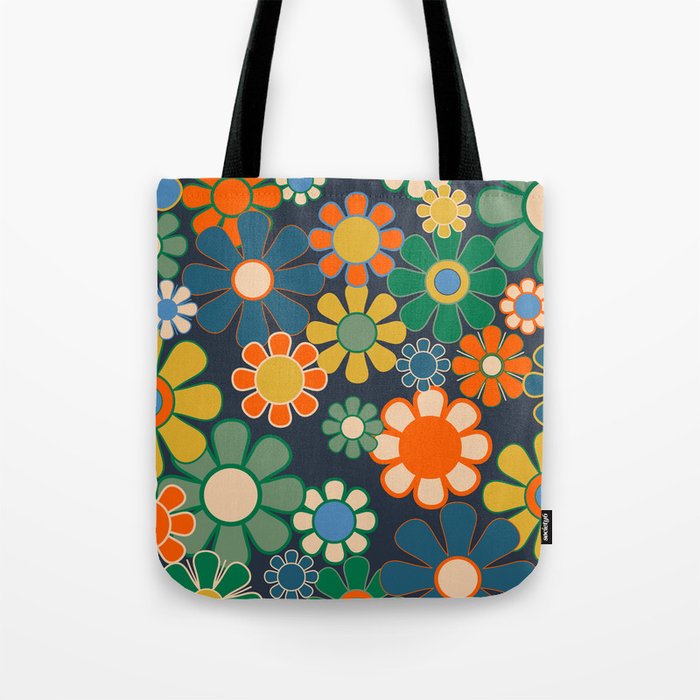 Retro Floral 60s 70s Garden Flowers Pattern Blue Green Orange Mustard Tote Bag Gallery Image 1