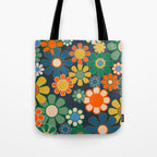 Retro Floral 60s 70s Garden Flowers Pattern Blue Green Orange Mustard Tote Bag Gallery Image 1
