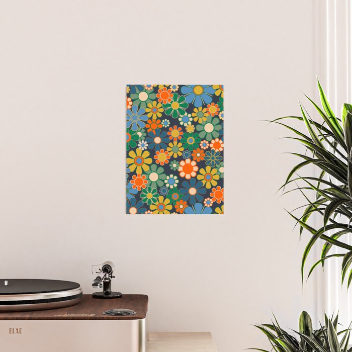 Retro Floral 60s 70s Garden Flowers Pattern Blue Green Orange Mustard Poster Gallery Image 2