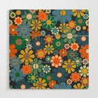 Retro Floral 60s 70s Garden Flowers Pattern Blue Green Orange Mustard Wood Wall Art Gallery Image 1