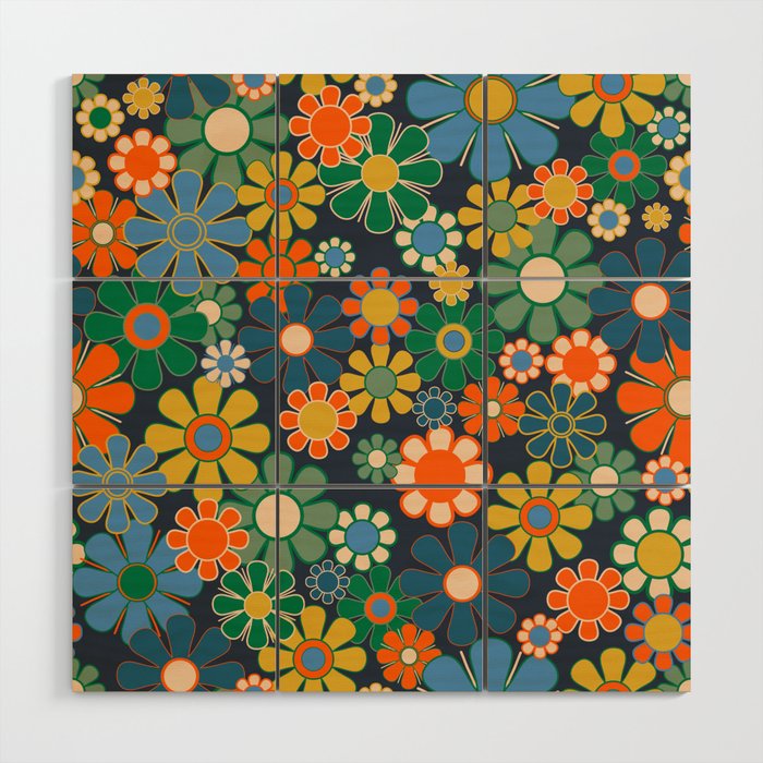 Retro Floral 60s 70s Garden Flowers Pattern Blue Green Orange Mustard Wood Wall Art Gallery Image 1