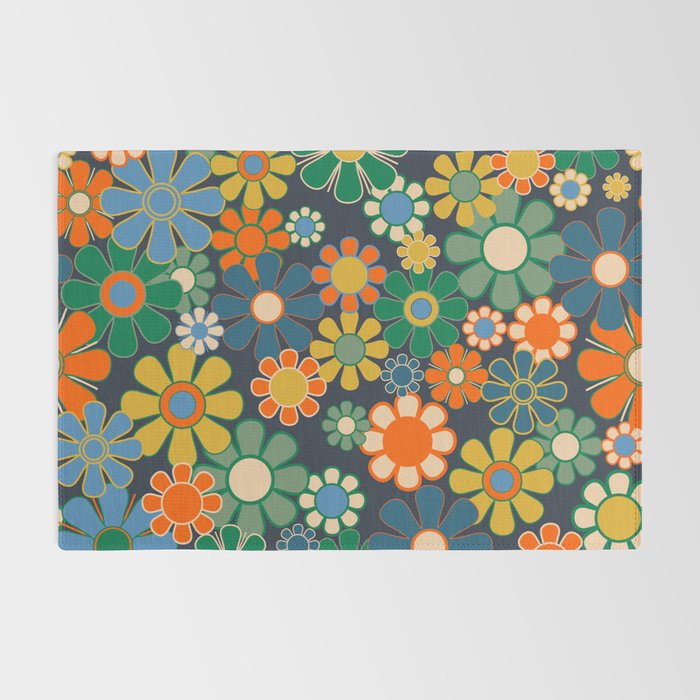 Retro Floral 60s 70s Garden Flowers Pattern Blue Green Orange Mustard Rug Gallery Image 2