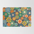 Retro Floral 60s 70s Garden Flowers Pattern Blue Green Orange Mustard Rug Gallery Image 2