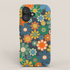 Retro Floral 60s 70s Garden Flowers Pattern Blue Green Orange Mustard iPhone Case Gallery Image 1