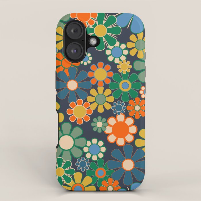 Retro Floral 60s 70s Garden Flowers Pattern Blue Green Orange Mustard iPhone Case Gallery Image 1