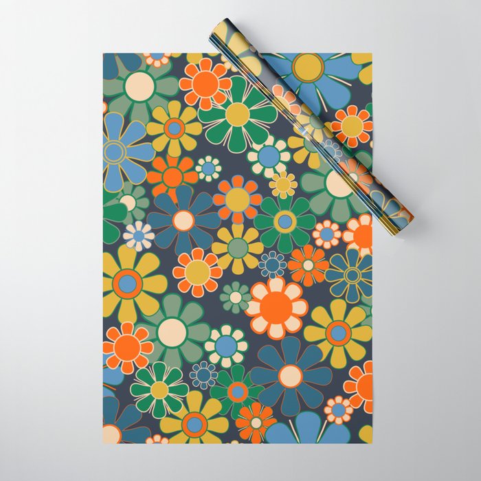 Retro Floral 60s 70s Garden Flowers Pattern Blue Green Orange Mustard Wrapping Paper Gallery Image 1