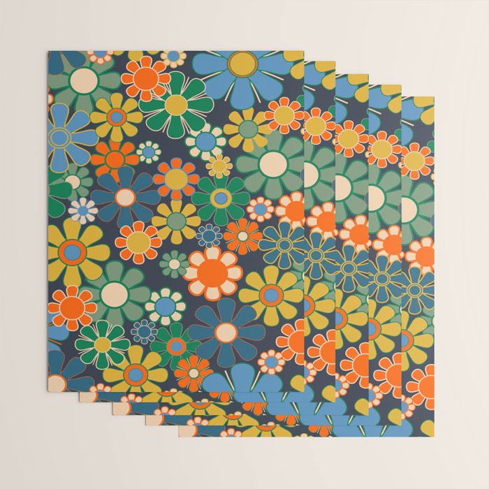 Retro Floral 60s 70s Garden Flowers Pattern Blue Green Orange Mustard Wrapping Paper Gallery Image 3