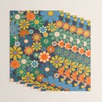 Retro Floral 60s 70s Garden Flowers Pattern Blue Green Orange Mustard Wrapping Paper Gallery Image 3