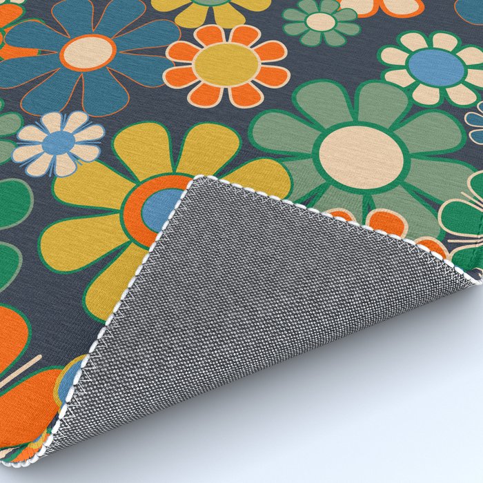 Retro Floral 60s 70s Garden Flowers Pattern Blue Green Orange Mustard Rug Gallery Image 4