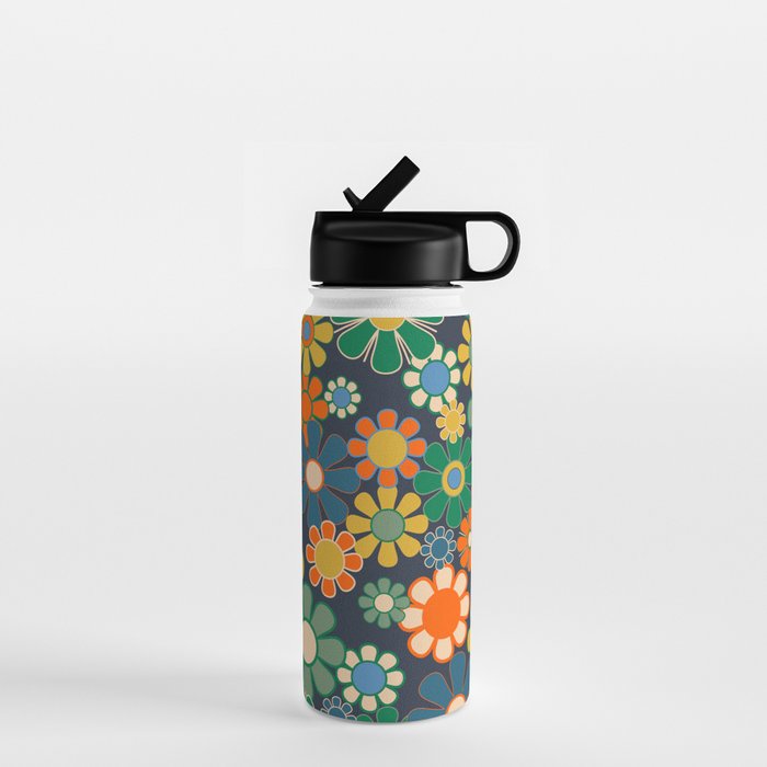 Retro Floral 60s 70s Garden Flowers Pattern Blue Green Orange Mustard Water Bottle Gallery Image 1