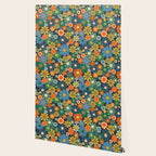 Retro Floral 60s 70s Garden Flowers Pattern Blue Green Orange Mustard Wallpaper Gallery Image 2