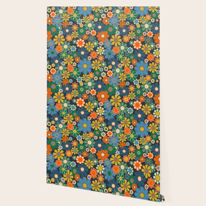 Retro Floral 60s 70s Garden Flowers Pattern Blue Green Orange Mustard Wallpaper Gallery Image 2