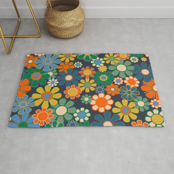Retro Floral 60s 70s Garden Flowers Pattern Blue Green Orange Mustard Rug Gallery Image 1