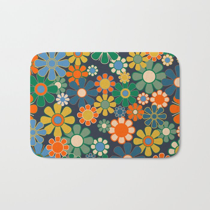 Retro Floral 60s 70s Garden Flowers Pattern Blue Green Orange Mustard Bath Mat Gallery Image 1