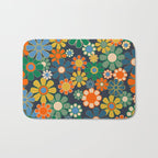 Retro Floral 60s 70s Garden Flowers Pattern Blue Green Orange Mustard Bath Mat Gallery Image 1