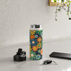 Retro Floral 60s 70s Garden Flowers Pattern Blue Green Orange Mustard Water Bottle Gallery Image 4
