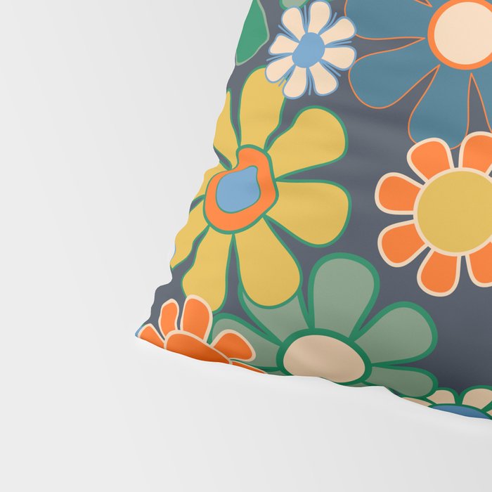 Retro Floral 60s 70s Garden Flowers Pattern Blue Green Orange Mustard Pillow Sham Gallery Image 4
