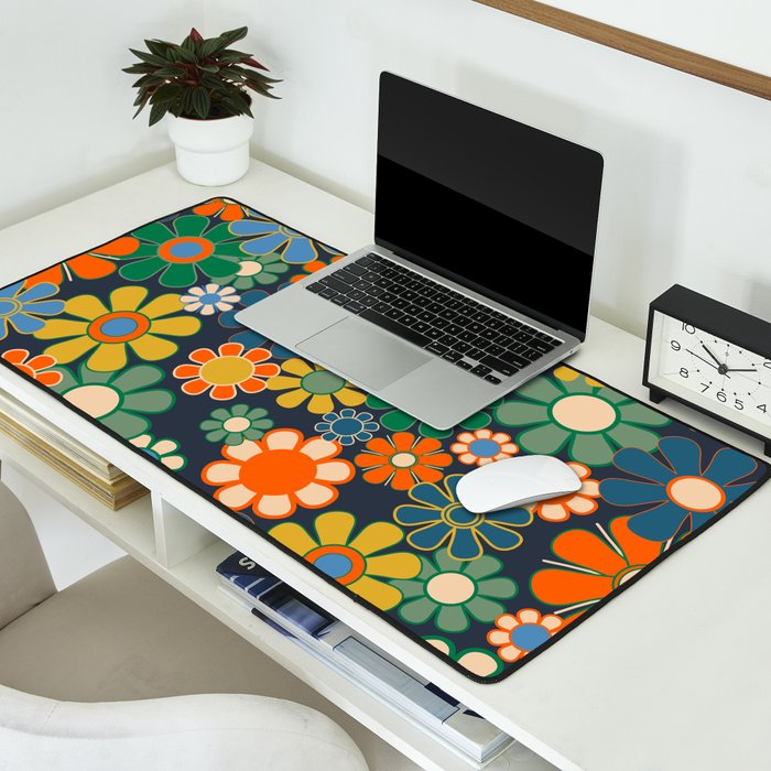 Retro Floral 60s 70s Garden Flowers Pattern Blue Green Orange Mustard Desk Mat Gallery Image 2