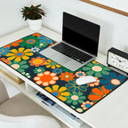 Retro Floral 60s 70s Garden Flowers Pattern Blue Green Orange Mustard Desk Mat Gallery Image 2