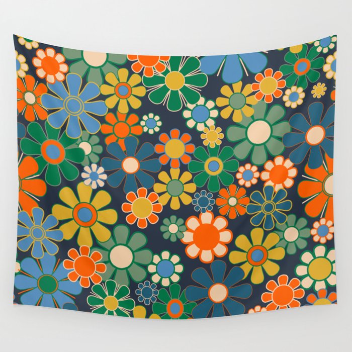Retro Floral 60s 70s Garden Flowers Pattern Blue Green Orange Mustard Wall Tapestry Gallery Image 4