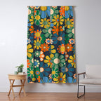 Retro Floral 60s 70s Garden Flowers Pattern Blue Green Orange Mustard Window Curtain Gallery Image 5