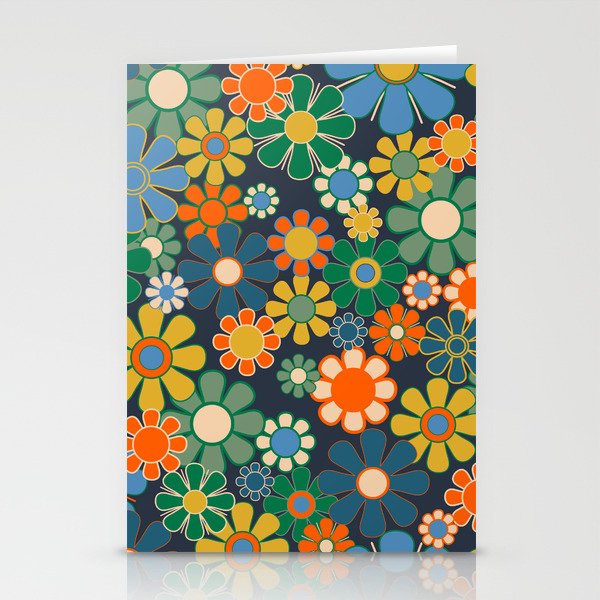 Retro Floral 60s 70s Garden Flowers Pattern Blue Green Orange Mustard Stationery Card Gallery Image 1
