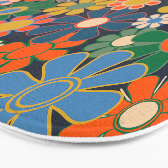 Retro Floral 60s 70s Garden Flowers Pattern Blue Green Orange Mustard Bath Mat Gallery Image 3