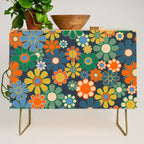 Retro Floral 60s 70s Garden Flowers Pattern Blue Green Orange Mustard Credenza Gallery Image 1