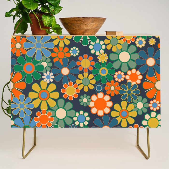 Retro Floral 60s 70s Garden Flowers Pattern Blue Green Orange Mustard Credenza Gallery Image 1