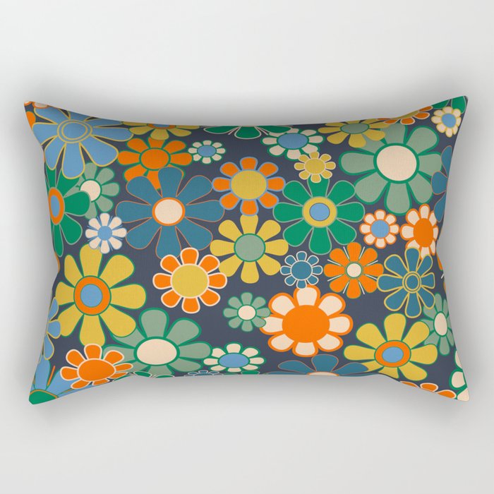 Retro Floral 60s 70s Garden Flowers Pattern Blue Green Orange Mustard Rectangular Pillow Gallery Image 2