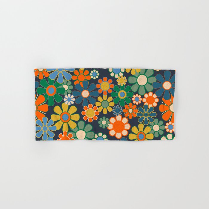 Retro Floral 60s 70s Garden Flowers Pattern Blue Green Orange Mustard Bath Towel Gallery Image 1