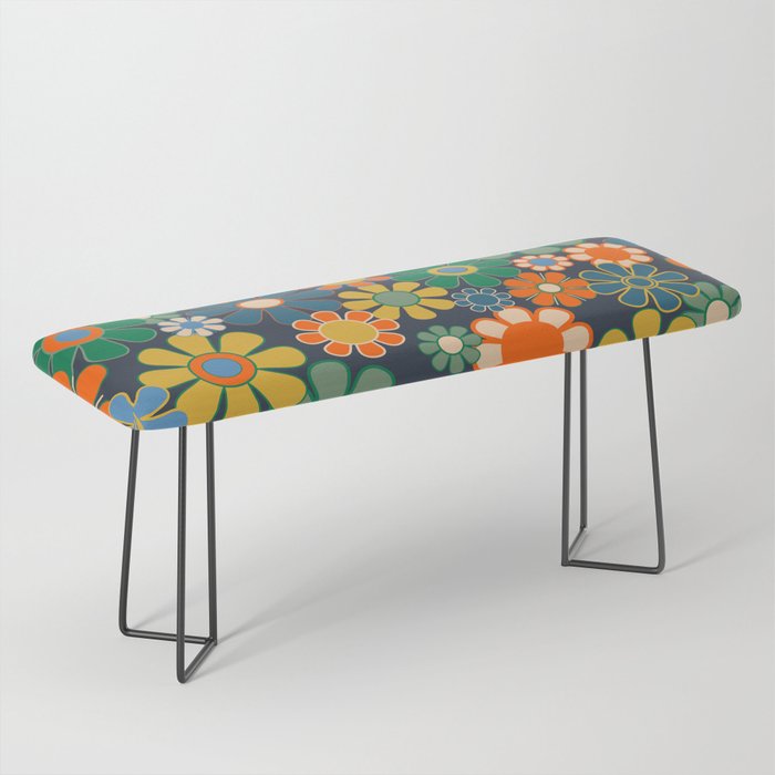 Retro Floral 60s 70s Garden Flowers Pattern Blue Green Orange Mustard Bench Gallery Image 1