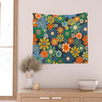 Retro Floral 60s 70s Garden Flowers Pattern Blue Green Orange Mustard Wall Tapestry Gallery Image 2