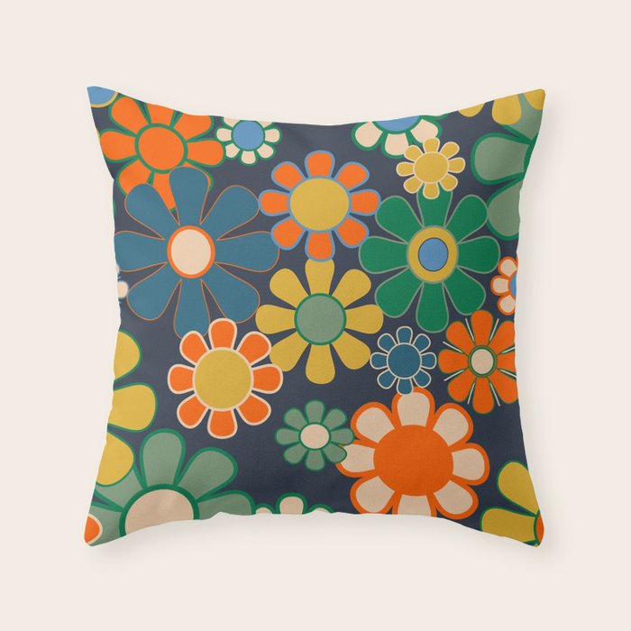 Retro Floral 60s 70s Garden Flowers Pattern Blue Green Orange Mustard Throw Pillow Gallery Image 6