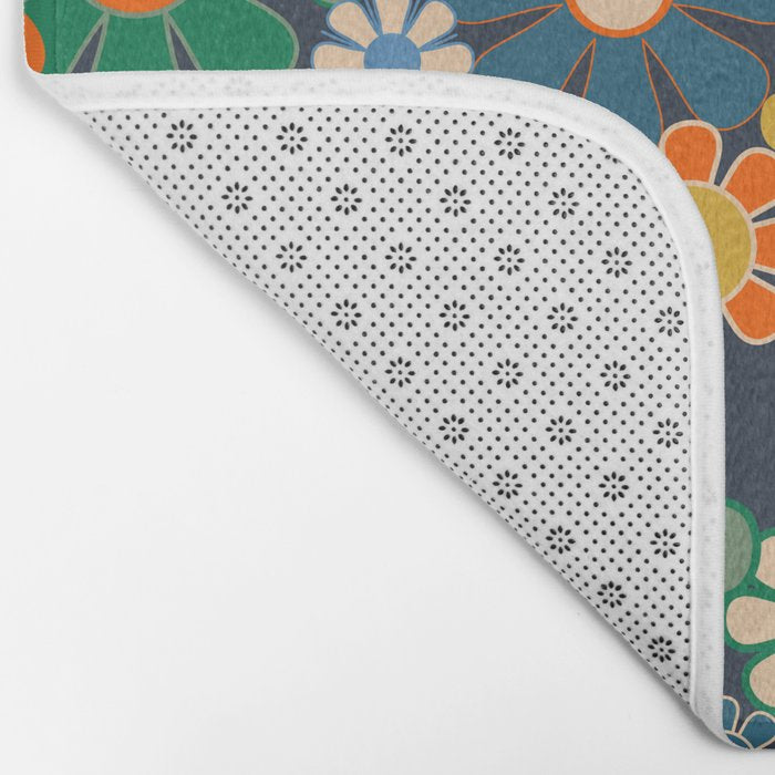 Retro Floral 60s 70s Garden Flowers Pattern Blue Green Orange Mustard Bath Mat Gallery Image 2