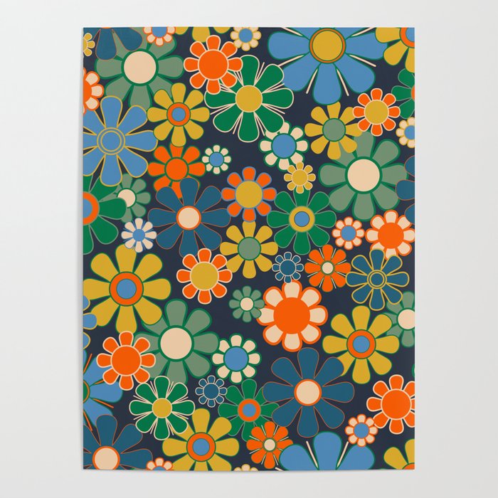 Retro Floral 60s 70s Garden Flowers Pattern Blue Green Orange Mustard Poster Gallery Image 4