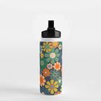 Retro Floral 60s 70s Garden Flowers Pattern Blue Green Orange Mustard Water Bottle Gallery Image 2