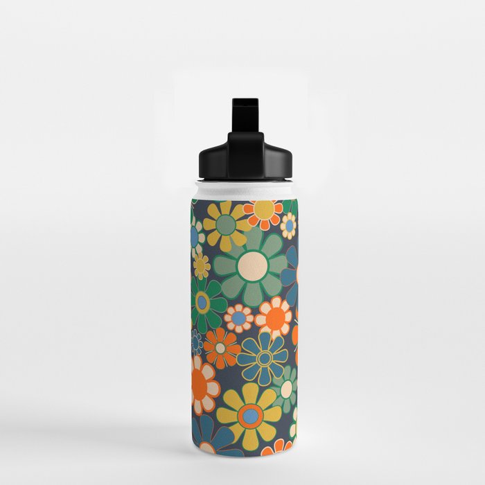 Retro Floral 60s 70s Garden Flowers Pattern Blue Green Orange Mustard Water Bottle Gallery Image 2