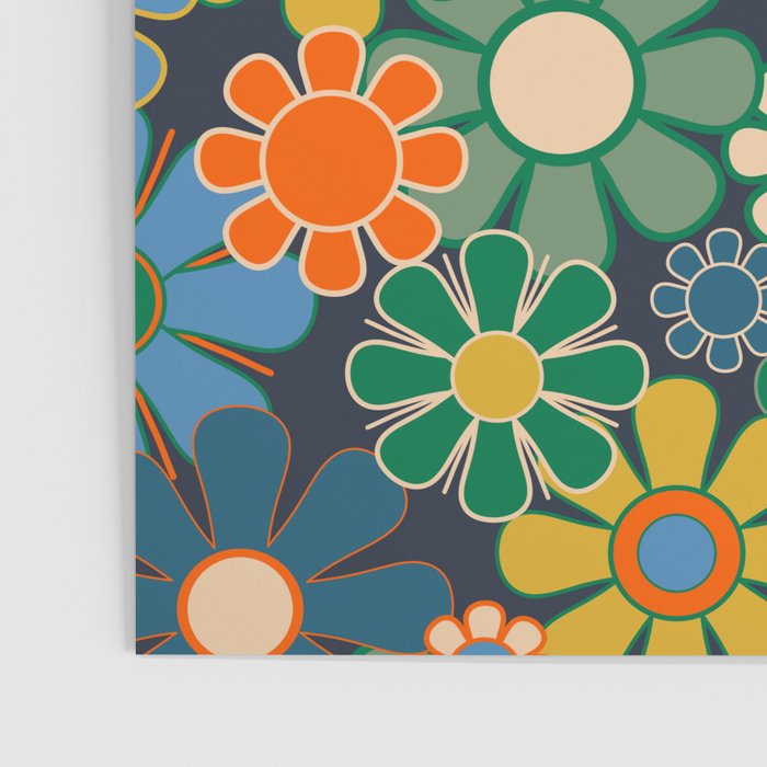 Retro Floral 60s 70s Garden Flowers Pattern Blue Green Orange Mustard Poster Gallery Image 3