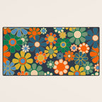 Retro Floral 60s 70s Garden Flowers Pattern Blue Green Orange Mustard Desk Mat Gallery Image 3