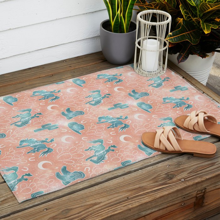 Cosmic Cowboys and Cacti -  peach and turquoise  Outdoor Rug Gallery Image 2