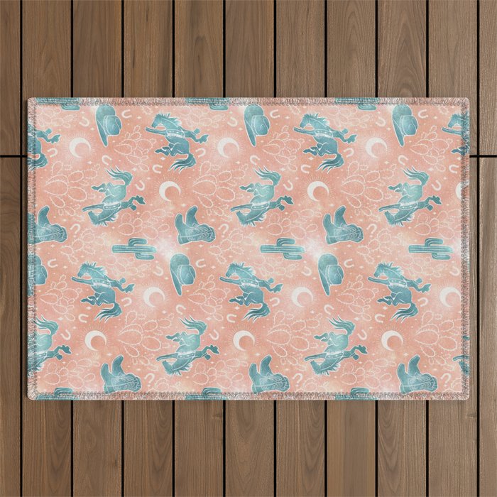 Cosmic Cowboys and Cacti -  peach and turquoise  Outdoor Rug Gallery Image 1