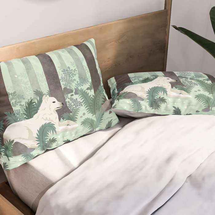 White Wolf in the Flowering Forest Pillow Sham Gallery Image 2