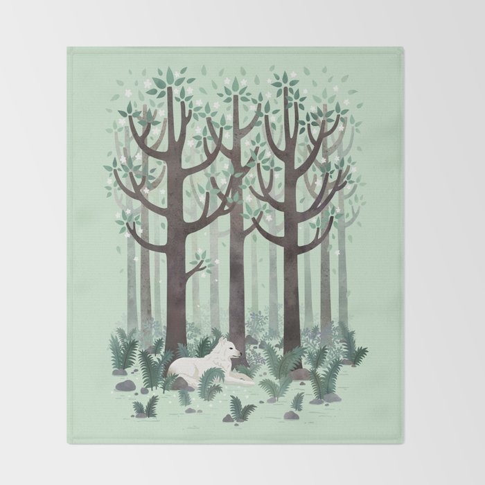 White Wolf in the Flowering Forest Throw Blanket Gallery Image 2