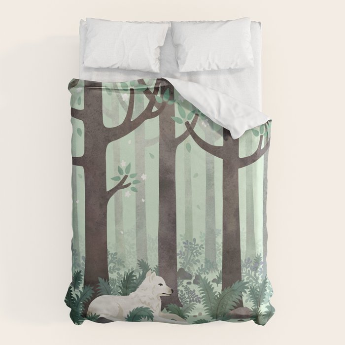 White Wolf in the Flowering Forest Duvet Cover Gallery Image 6