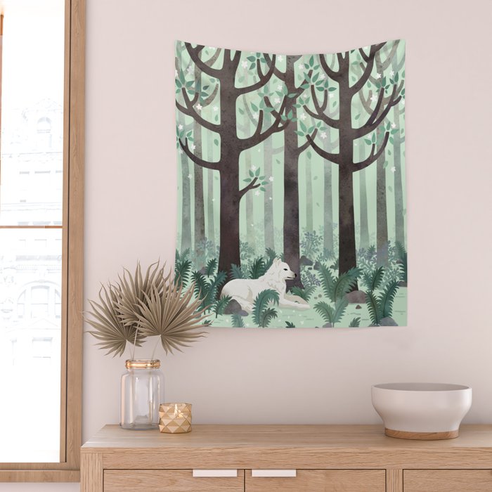 White Wolf in the Flowering Forest Wall Tapestry Gallery Image 2